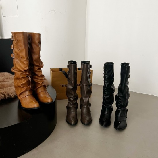 Women's pleated boots, western boots, thick heels, below the knee, belt buckle trouser boots.