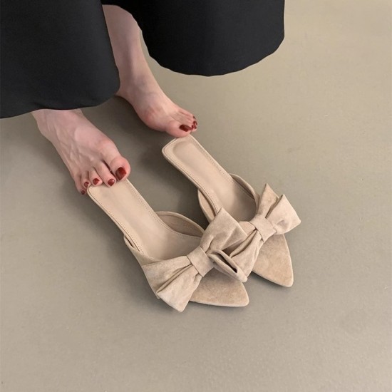 Women's slippers, new summer outdoor slippers, French-style, gentle, fairy-like, evening-style, kitten-heeled sandals with bows.