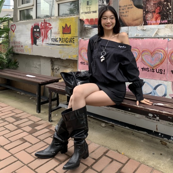 Autumn 2025 hot girl style, over-the-knee boots, large-tube boots for women, pointed toe, block heels, slimming, stacked boots