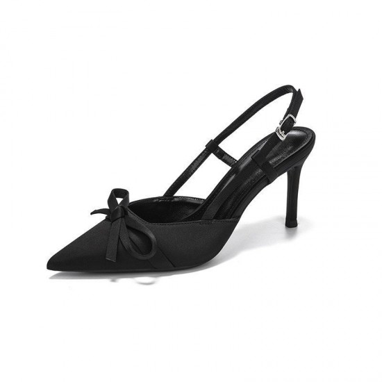 2025 Spring/Summer New Nude Bow Stiletto High Heels for Women, Satin Pointed Toe Sandals, French Elegant Shoes