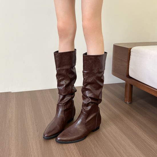 Soft and comfortable! Creamy white pleated high boots with inner heels for women, low-heeled thick-heeled Martin boots