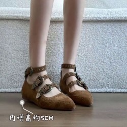 2025 Spring/Summer New Women's Large-Shaped Boots, Slimming, Block-Heeled, Pointed-Toe, Belt-Buckle, Pleated Boots