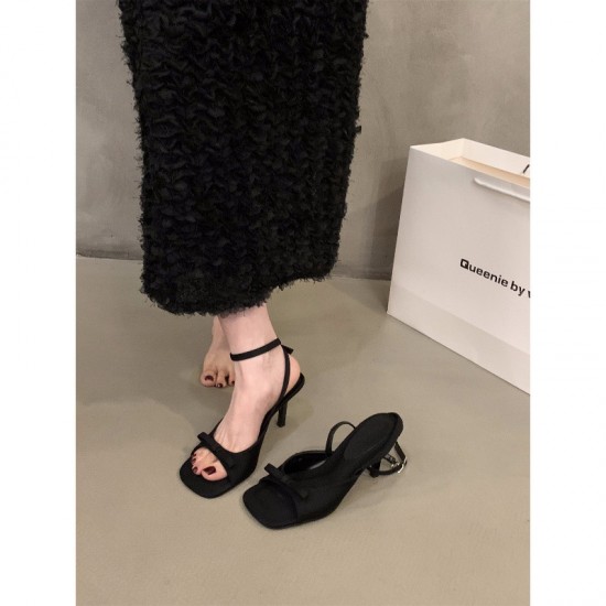 French-style black satin high-heeled sandals, fairy shoes (2024 new style, summer style, with elegant thin-strap Roman shoes)
