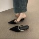 French-style high-end rhinestone single-strap half-slippers for women, 2025 new pointed-toe high-heeled mules for outdoor wear