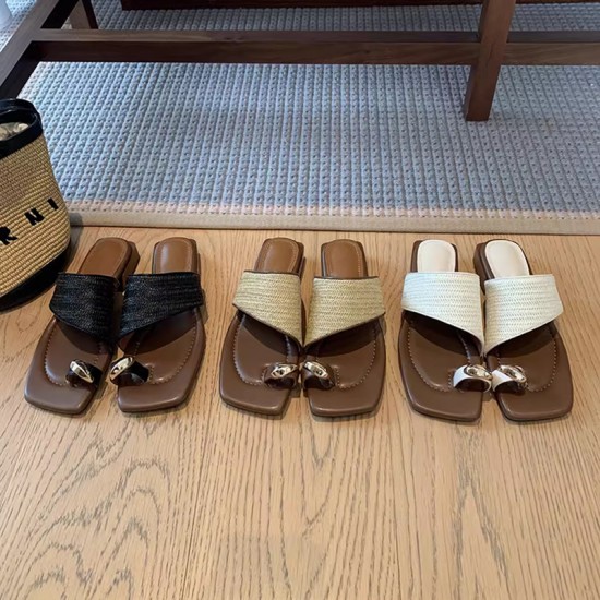 Women's thick-heeled vacation-style straw flip-flops (Summer outdoor wear, 2024 new style, French-style flip-flops) Slippers