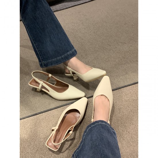 Nude block-heeled, pointed-toe, mid-heeled high heels for women, 7cm, 2024 spring and autumn soft leather shoes to match skirts.