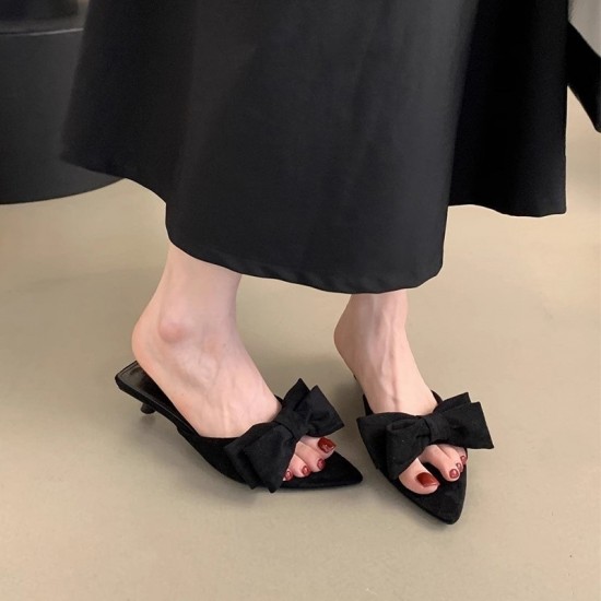 Women's slippers, new summer outdoor slippers, French-style, gentle, fairy-like, evening-style, kitten-heeled sandals with bows.