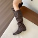 Soft and comfortable! Creamy white pleated high boots with inner heels for women, low-heeled thick-heeled Martin boots