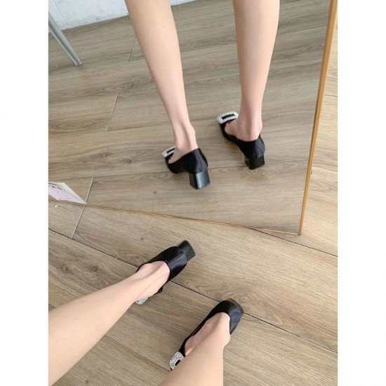 French Square-Toed Rhinestone Square-Toed High Heels for Women, Spring/Autumn 2024 New Women's Shoes, Slip-On