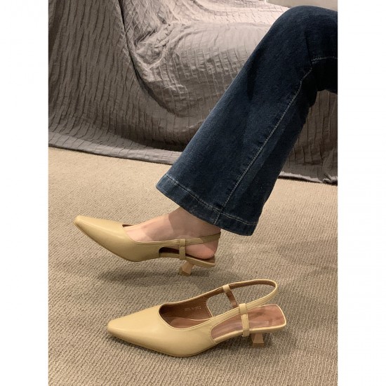 Nude block-heeled, pointed-toe, mid-heeled high heels for women, 7cm, 2024 spring and autumn soft leather shoes to match skirts.