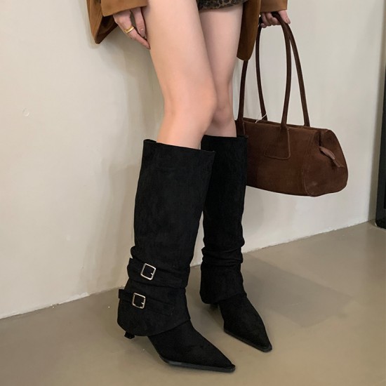 Women's suede pointed-toe pleated boots (Autumn/Winter 2025 new style, detachable, reversible, stiletto boots)