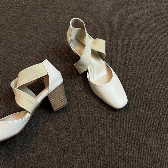 New retro, versatile ballet high heels, women's block heels, cross-strap, hollow, casual closed-toe sandals.