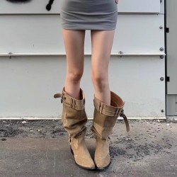 Women's mid-heeled, deep-cut, block-heeled spring shoes in apricot, pointed-toe, slip-on leather.