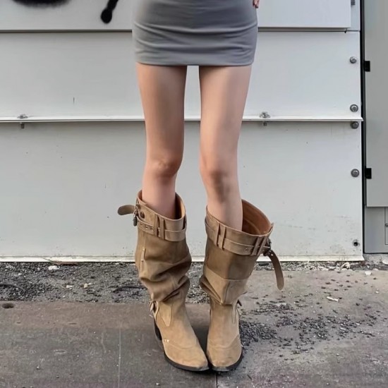 Women's mid-heeled, deep-cut, block-heeled spring shoes in apricot, pointed-toe, slip-on leather.