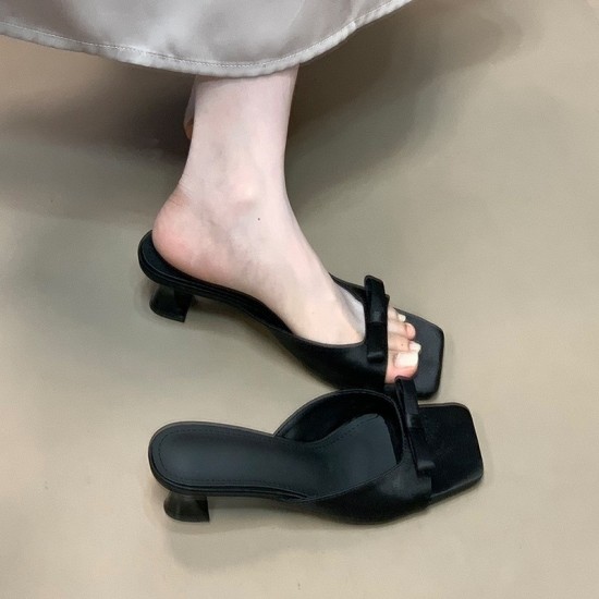 Open-toe satin soft block heel sandals, 2025 summer new French bow sandals