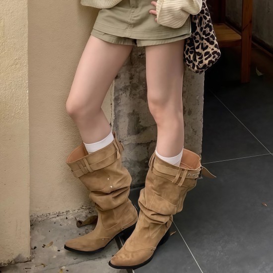 Women's mid-heeled, deep-cut, block-heeled spring shoes in apricot, pointed-toe, slip-on leather.