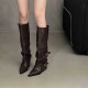 Belt buckle trouser boots, thick heels, long boots for women, European and American hotties, high boots with pointed black trouser boots, street style.