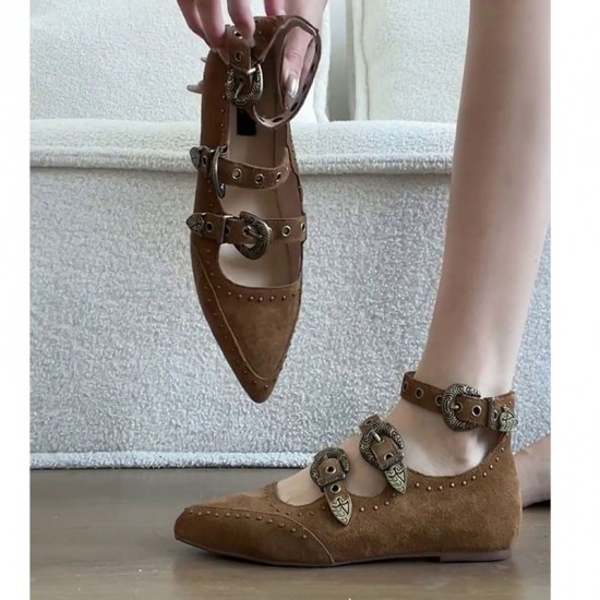 2025 Spring/Summer New Women's Large-Shaped Boots, Slimming, Block-Heeled, Pointed-Toe, Belt-Buckle, Pleated Boots