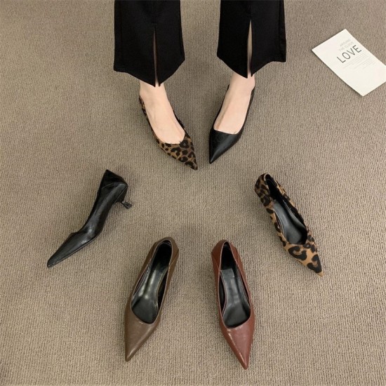 2024 autumn and winter new pointed-toe pumps, fashionable and versatile leopard print, elegant low-heeled kitten heels for commuting