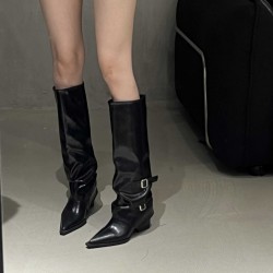 Belt buckle trouser boots, thick heels, long boots for women, European and American hotties, high boots with pointed black trouser boots, street style.