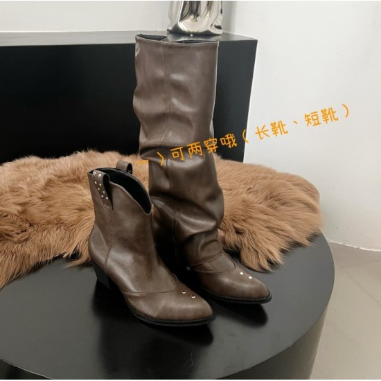 Women's pleated boots, western boots, thick heels, below the knee, belt buckle trouser boots.
