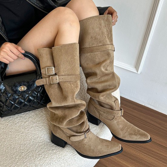 Long boots: New autumn 2025 styles, pointed toe, block heels, slimming, stacked boots, two-way, belt buckle, retro high-tops