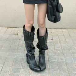 Autumn 2025 hot girl style, over-the-knee boots, large-tube boots for women, pointed toe, block heels, slimming, stacked boots