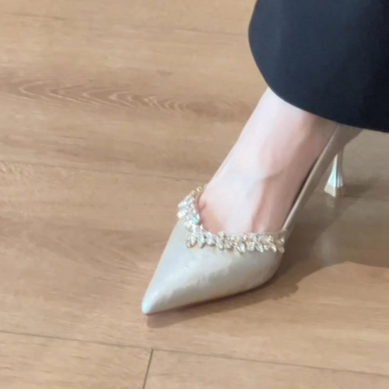 Elegant, French-style, black satin, single-strap, closed-toed, stiletto-heeled, pointed-toe sandals for women. Shoes