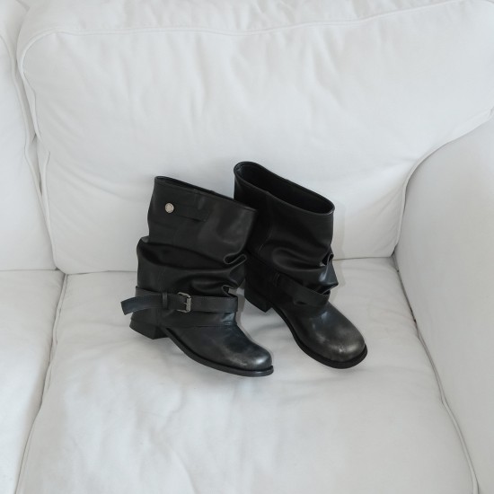 Women's western cowboy boots, pleated black, round-toe, vintage, thick-heeled knight boots. Women's Boots