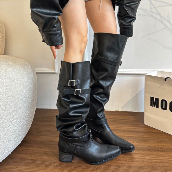 Long boots: New autumn 2025 styles, pointed toe, block heels, slimming, stacked boots, two-way, belt buckle, retro high-tops