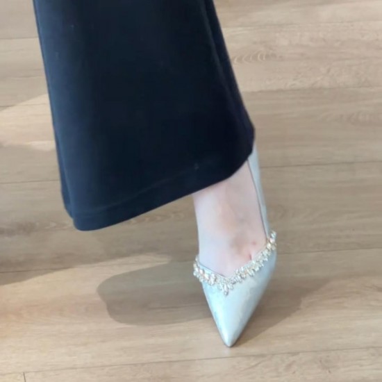 Elegant, French-style, black satin, single-strap, closed-toed, stiletto-heeled, pointed-toe sandals for women. Shoes