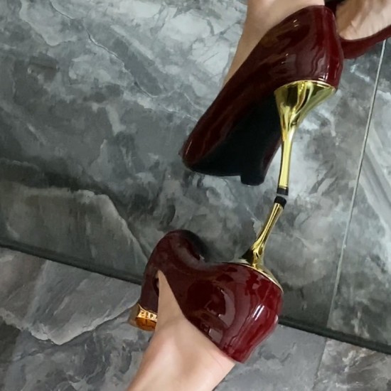 Yang Shulin's Same Style Gemstone Agate Metal Pointed Toe High Heels for Women, Burgundy Patent Leather Stiletto Shoes