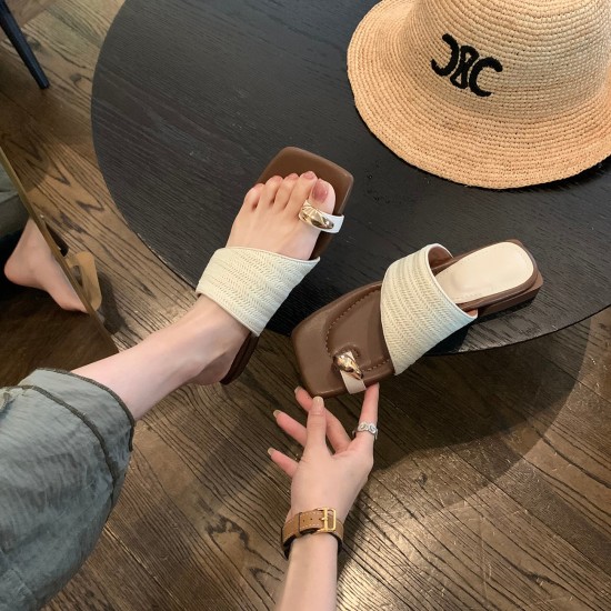 Women's thick-heeled vacation-style straw flip-flops (Summer outdoor wear, 2024 new style, French-style flip-flops) Slippers