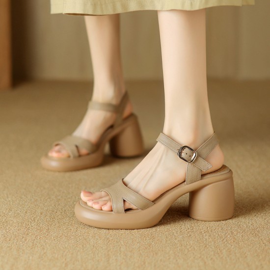 Waterproof nude high heels for women, 2025 new style, retro square-toed, open-toed sandals.