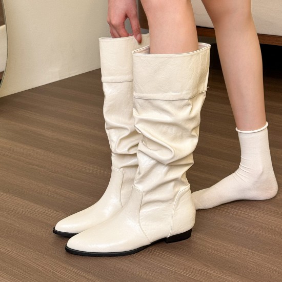 Soft and comfortable! Creamy white pleated high boots with inner heels for women, low-heeled thick-heeled Martin boots