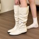 Soft and comfortable! Creamy white pleated high boots with inner heels for women, low-heeled thick-heeled Martin boots