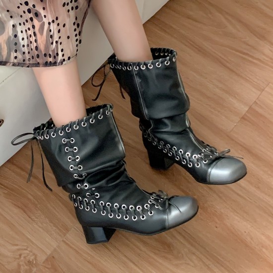 4cm Lace-Up Martin Boots for Women, 2025 New Push-Up Boots, Block Heels, Braided Ankle Boots, Stylish Short Boots, Motorcycle Boots