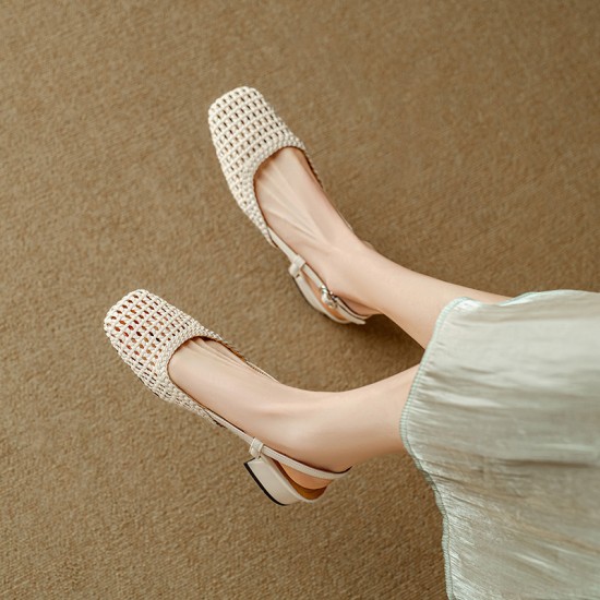 4cm woven hollow-toe sandals for women, new summer 2024 styles, fashionable, breathable, square-toe, medium-block heels, hollow backs