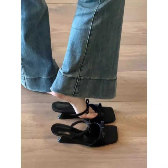 2024 autumn and winter new high-heeled, slimming boots, Korean-style, artistic, stretch ankle boots with bows.