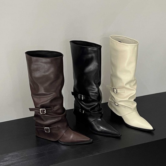 Belt buckle trouser boots, thick heels, long boots for women, European and American hotties, high boots with pointed black trouser boots, street style.