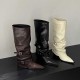 Belt buckle trouser boots, thick heels, long boots for women, European and American hotties, high boots with pointed black trouser boots, street style.