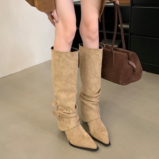 Women's suede pointed-toe pleated boots (Autumn/Winter 2025 new style, detachable, reversible, stiletto boots)