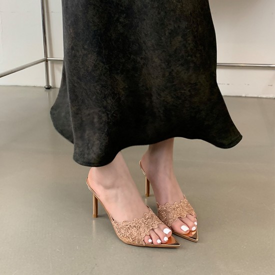 Women's high heels (Spring 2024 new style), embroidered stilettos, champagne gold embroidered high-heeled sandals