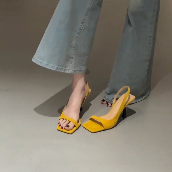 Women's square-toed, open-toe sandals, summer French-style, stiletto, slingback black high heels with skirts.