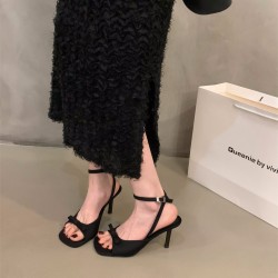French-style black satin high-heeled sandals, fairy shoes (2024 new style, summer style, with elegant thin-strap Roman shoes)