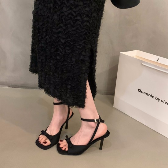 French-style black satin high-heeled sandals, fairy shoes (2024 new style, summer style, with elegant thin-strap Roman shoes)