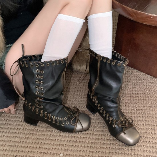 4cm Lace-Up Martin Boots for Women, 2025 New Push-Up Boots, Block Heels, Braided Ankle Boots, Stylish Short Boots, Motorcycle Boots