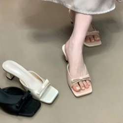 Open-toe satin soft block heel sandals, 2025 summer new French bow sandals