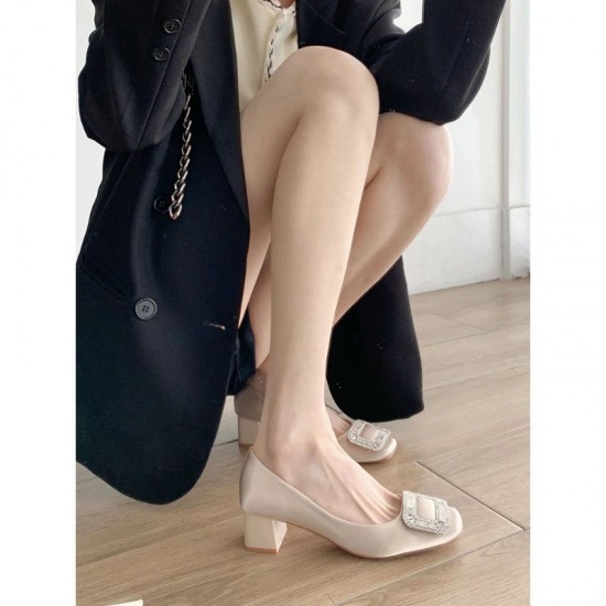 French Square-Toed Rhinestone Square-Toed High Heels for Women, Spring/Autumn 2024 New Women's Shoes, Slip-On